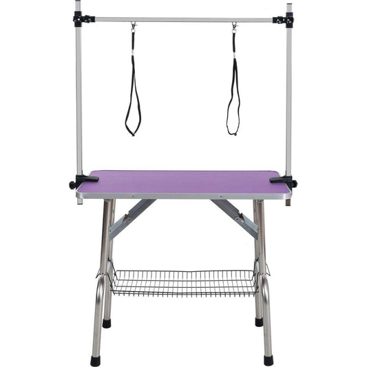 36" Folding Dog Pet Grooming Table Stainless Steel Frame Rubber Mat on Board with Adjustable Arm and Clamps pet dog Cat Grooming Table (PURPLE COLOR)