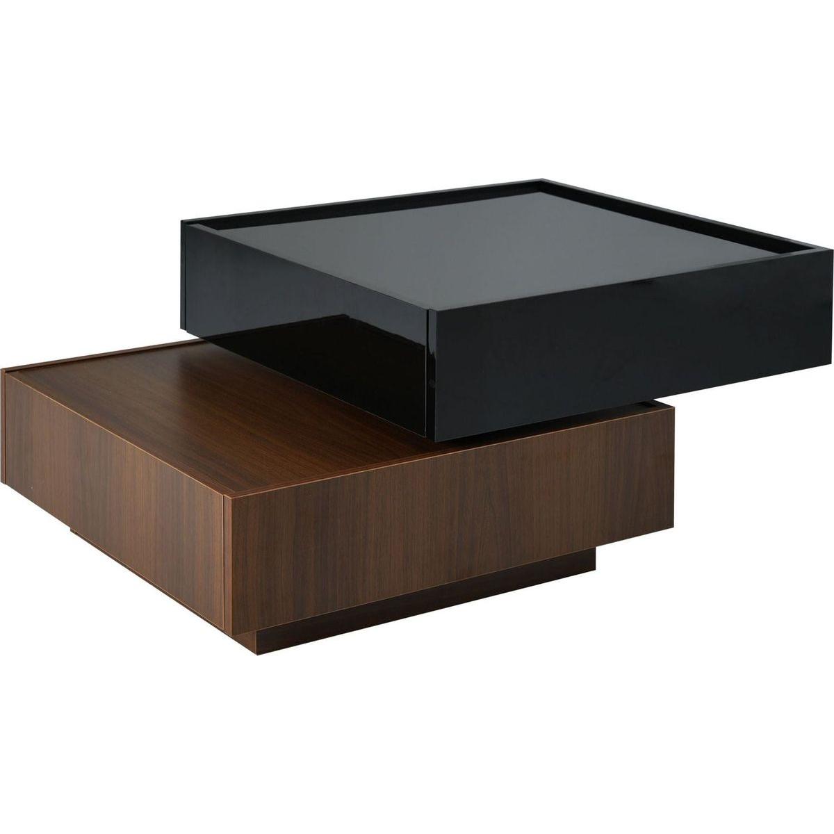 Multi-functional Square 360Rotating Coffee Table with 2 Drawers, High Gloss 2-Tier Center Table with Swivel Tabletop and Storage, Walnut Table Frame Side Table for Living Room, Black