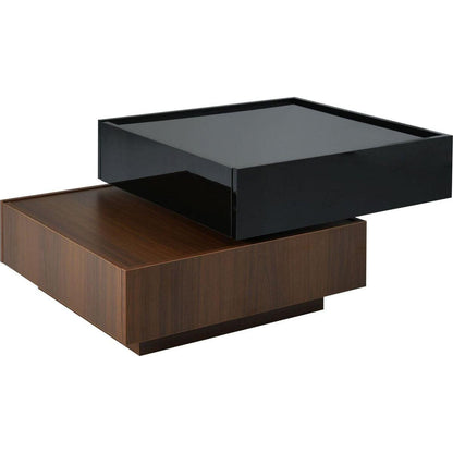 Multi-functional Square 360Rotating Coffee Table with 2 Drawers, High Gloss 2-Tier Center Table with Swivel Tabletop and Storage, Walnut Table Frame Side Table for Living Room, Black