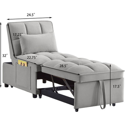 4 in1 Multi-Function Single Sofa Bed with Storage Pockets,Tufted Single Pull-out Sofa Bed with Adjustable Backrest and Pillows, Convertible Chaise Lounge,Gray