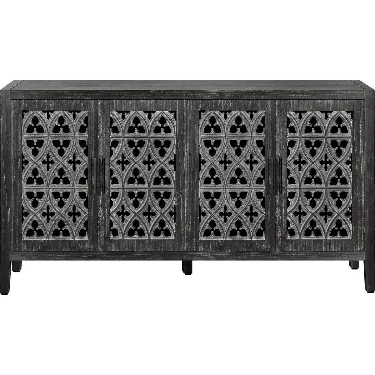 Hollow Four Door Antique Cabinet, American Country Style, Suitable for Living Room, TV Cabinet, Kitchen (Antique Black)