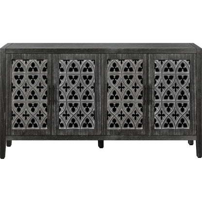 Hollow Four Door Antique Cabinet, American Country Style, Suitable for Living Room, TV Cabinet, Kitchen (Antique Black)
