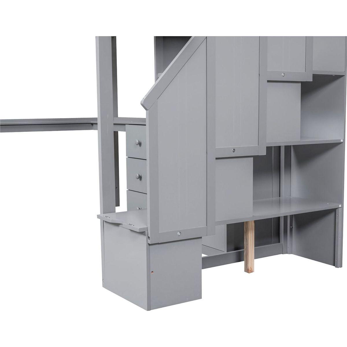 Twin Size Loft Bed with L-Shaped Desk and Drawers, Cabinet and Storage Staircase, Gray
