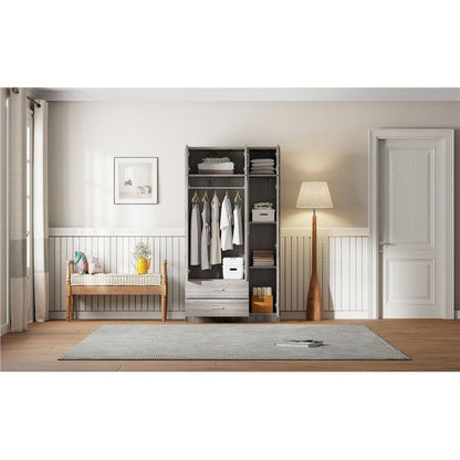 3-Door Mirror Wardrobe with 2 Drawers and Top Cabinet,Gray
