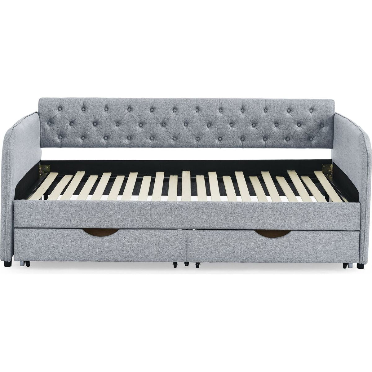 Twin Size Upholstery Daybed with Trundle Bed and Two Storage Drawers , Flat Arms with Pocket, Extendable Daybed for Bedroom Living Room,Linen Grey