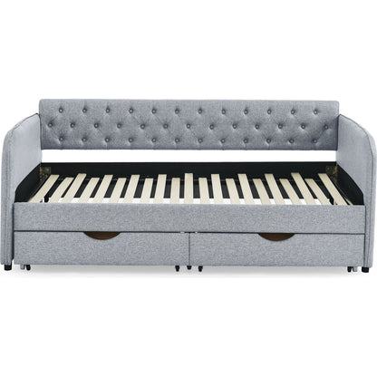 Twin Size Upholstery Daybed with Trundle Bed and Two Storage Drawers , Flat Arms with Pocket, Extendable Daybed for Bedroom Living Room,Linen Grey