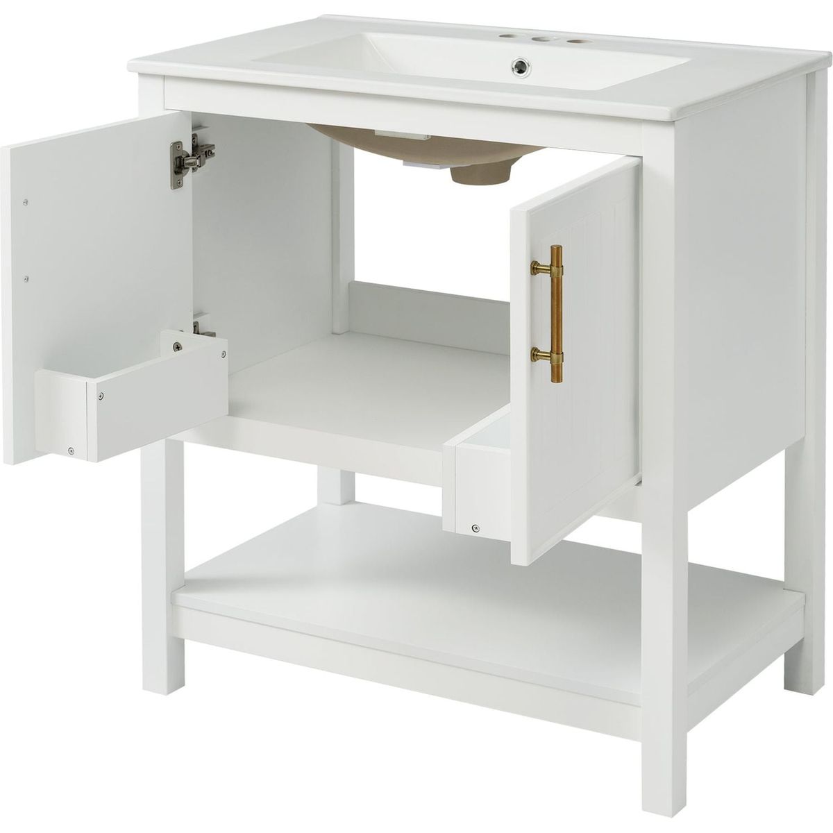 30-Inch White Bathroom Vanity with Ceramic Sink and Versatile Storage - Ideal for Small Bathrooms