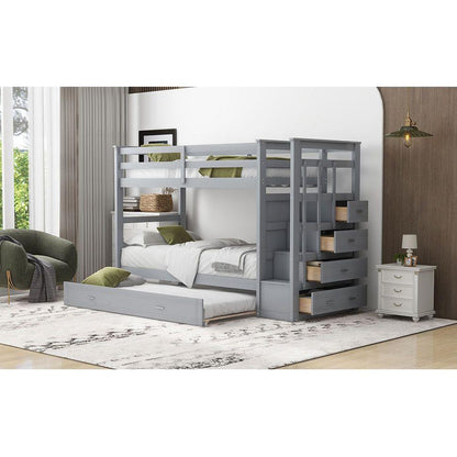 Twin Over Twin Bunk Bed with Trundle and Staircase,Gray