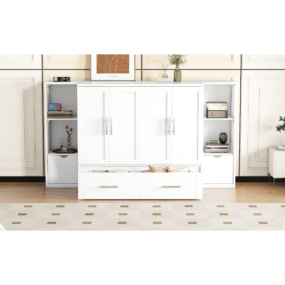 Queen Size Murphy Bed with Shelves, Drawers and USB Ports,White