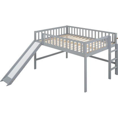 Full Size Low Loft Bed with Ladder and Slide,Gray