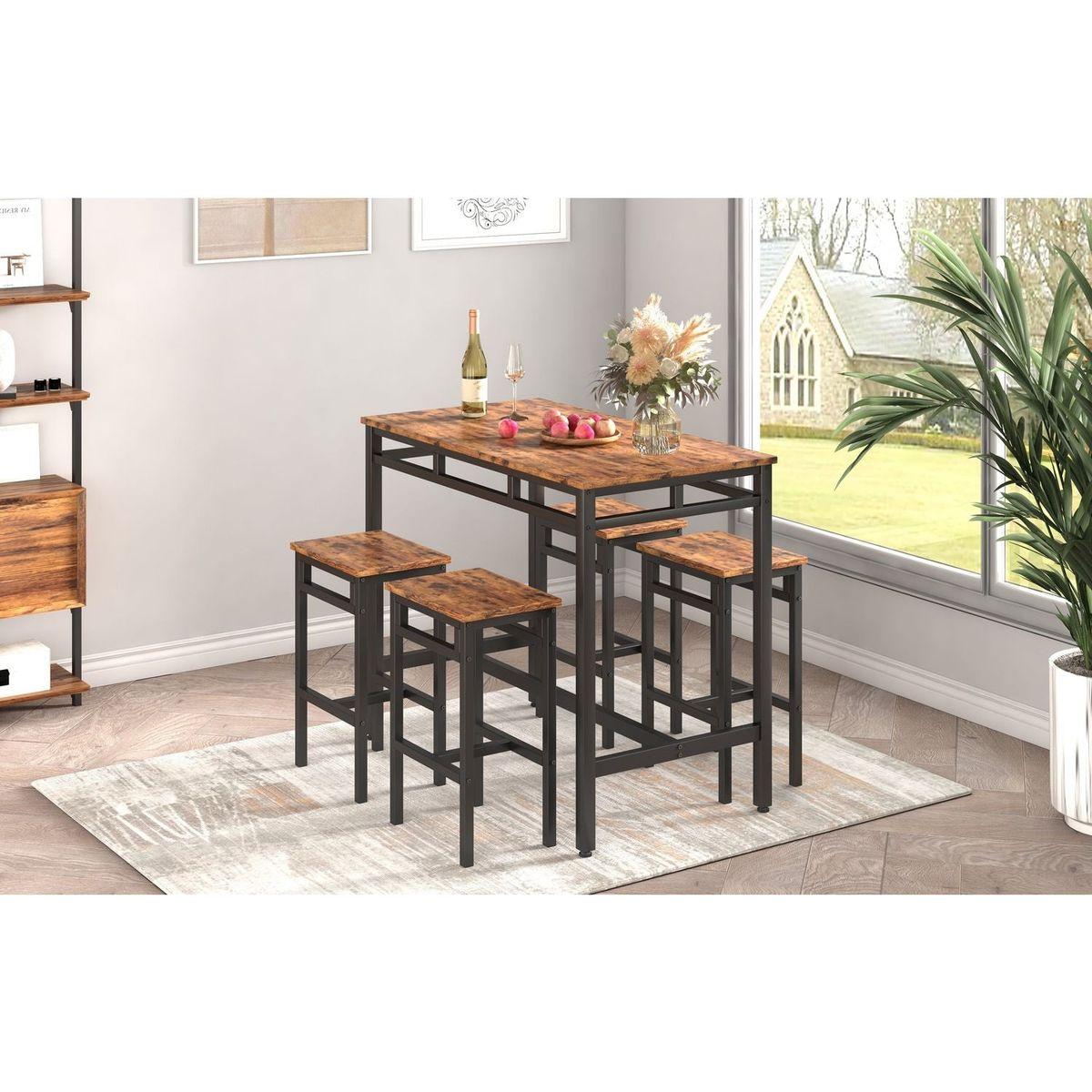 Bar table set 5PC Dinging table set with high stools, structural strengthening, industrial style. Rustic Brown, 43.31" L x 23.62" W x 35.43" H.