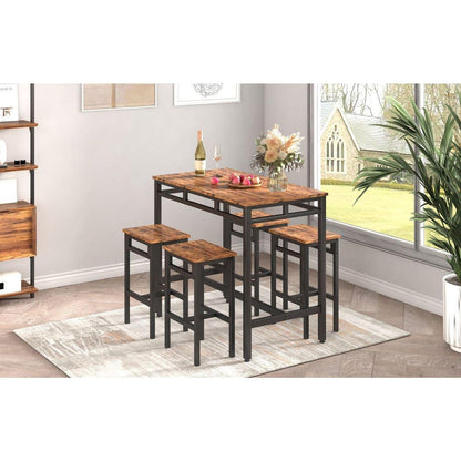 Bar table set 5PC Dinging table set with high stools, structural strengthening, industrial style. Rustic Brown, 43.31" L x 23.62" W x 35.43" H.