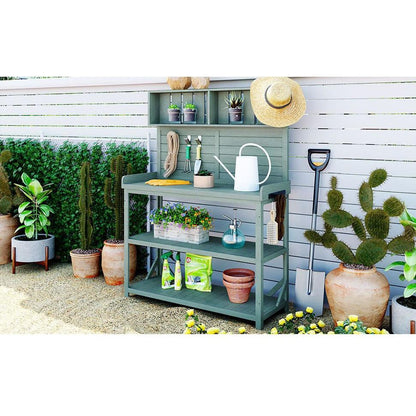 65" Large Wooden Farmhouse Rustic Outdoor Potting Bench Table, Patio Workstation, Garden Potting Bench with 4 Storage Shelves and Side Hook,Green