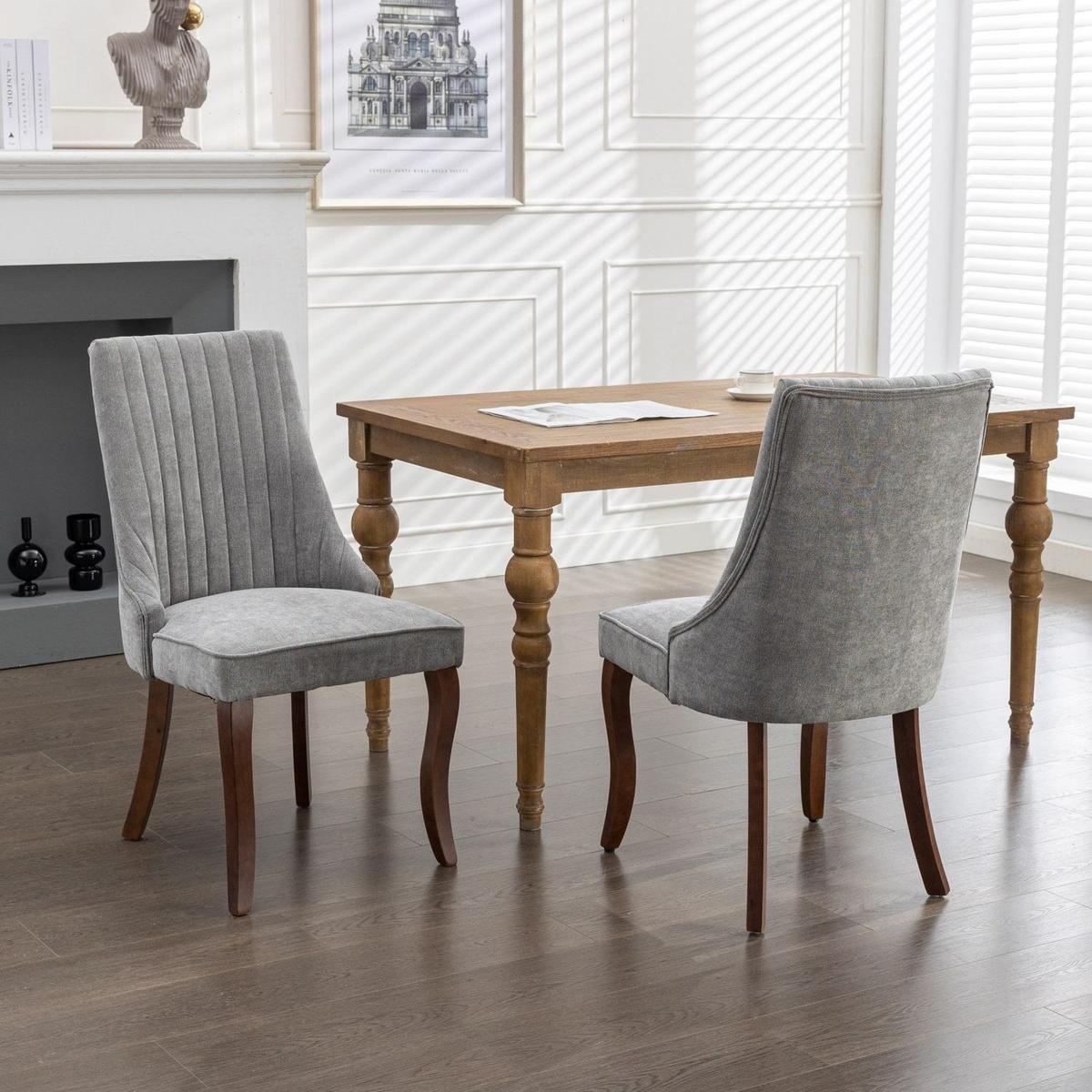 Rayon Cloth Flocking Linen Dining Chairs Channel Kitchen Dinner Chair Comfy Fabric Upholstered Accent Chair for Dining Room with Curved Solid Wood Legs,Set of 2 (Gray)