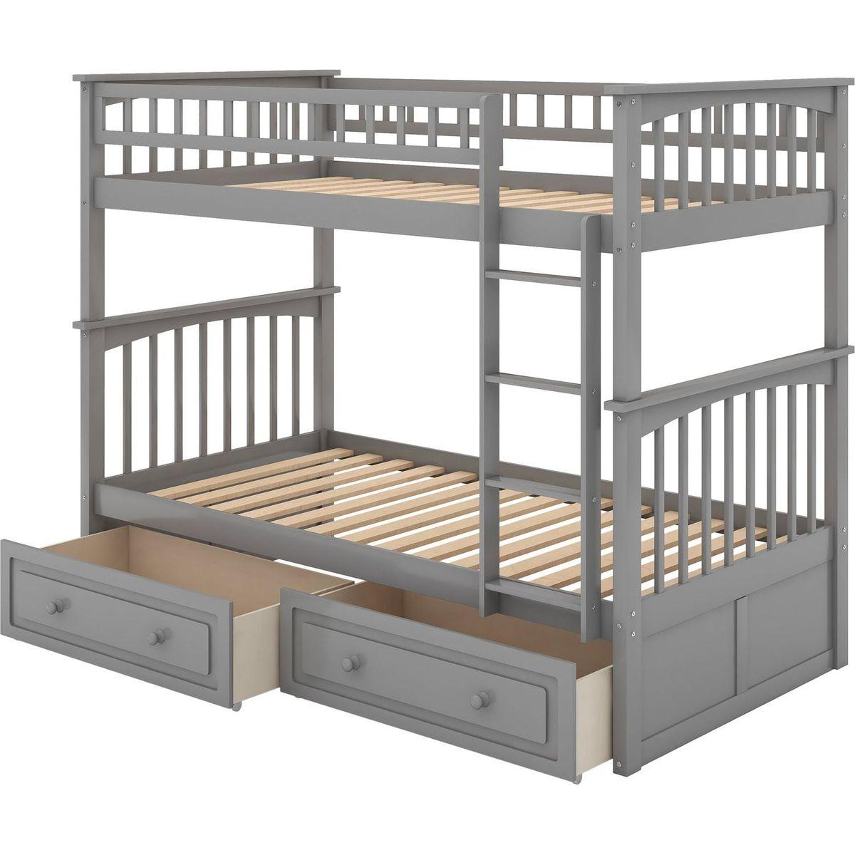 Twin over Twin Bunk Bed with Drawers, Convertible Beds, Gray
