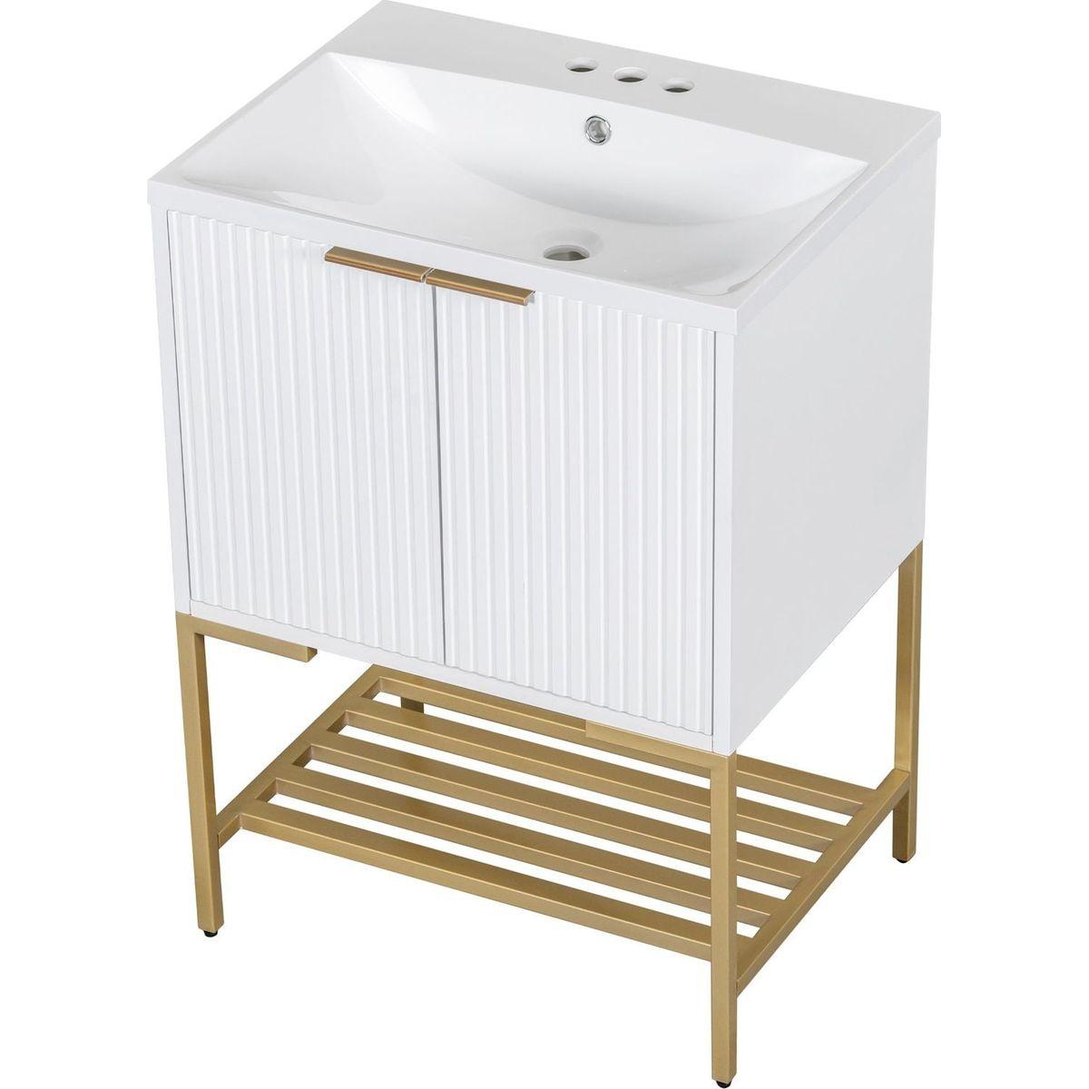 24" Bathroom Vanity with Sink, Bathroom Vanity Cabinet with Two Doors and Gold Metal Frame, Open Storage Shelf, White