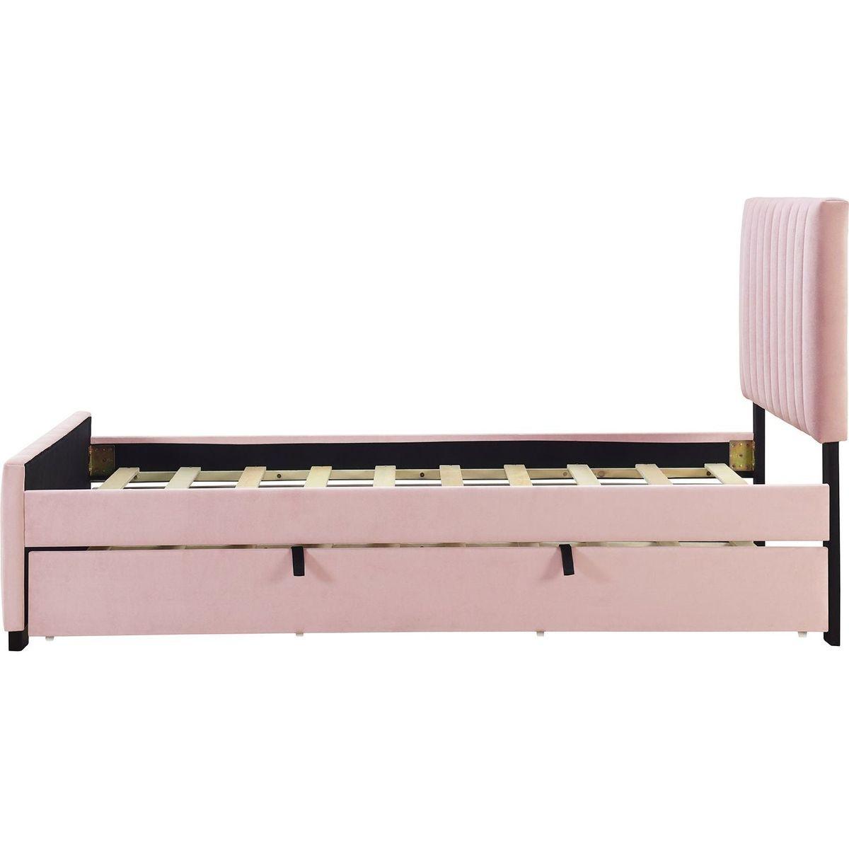 Twin Size Velvet Upholstered Platform Bed with Twin Size Trundle, Pink