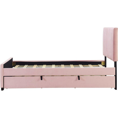 Twin Size Velvet Upholstered Platform Bed with Twin Size Trundle, Pink