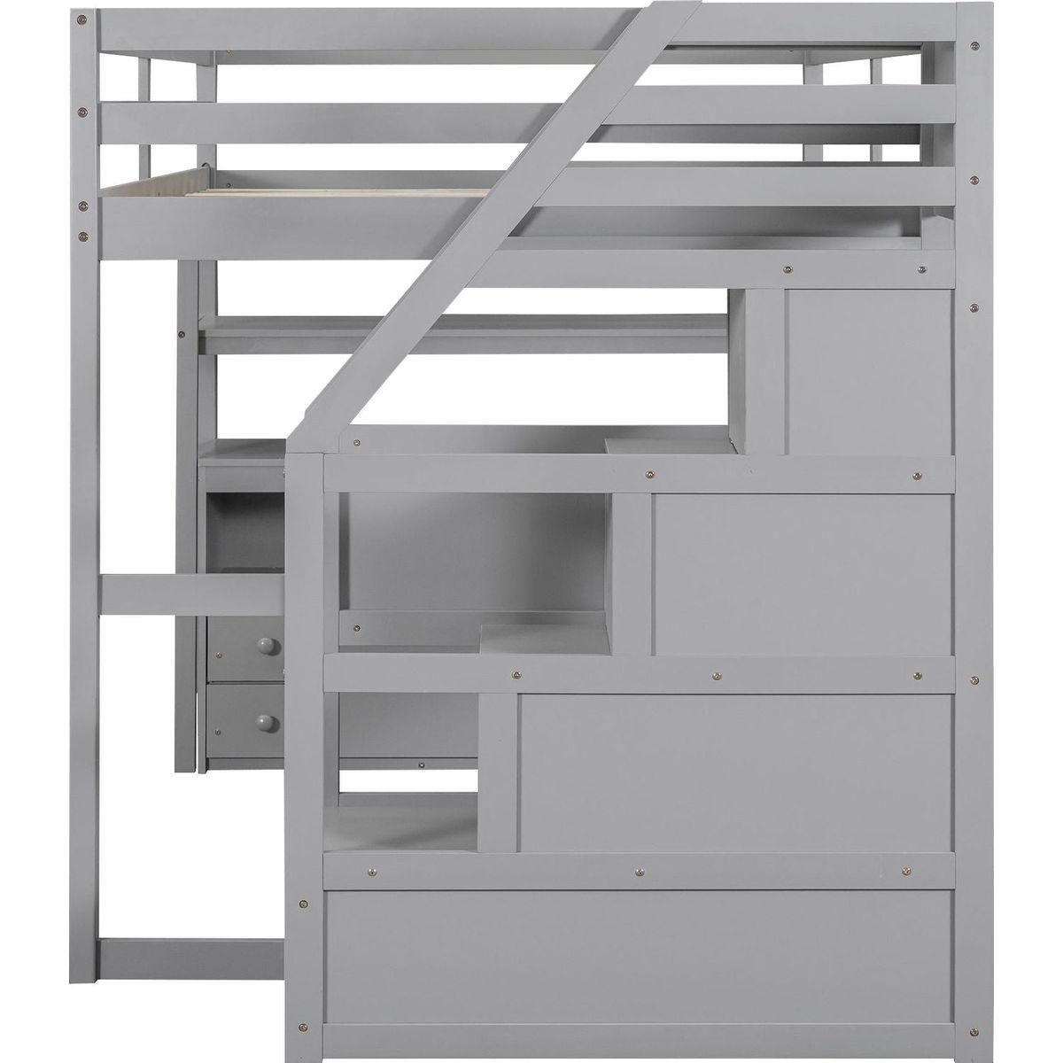 Full Size Loft Bed with Desk and Shelves, Two Built-in Drawers, Storage Staircase, Gray