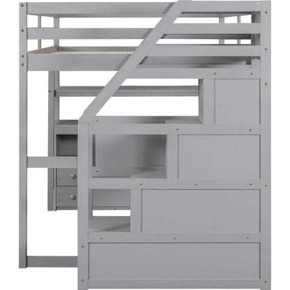 Full Size Loft Bed with Desk and Shelves, Two Built-in Drawers, Storage Staircase, Gray