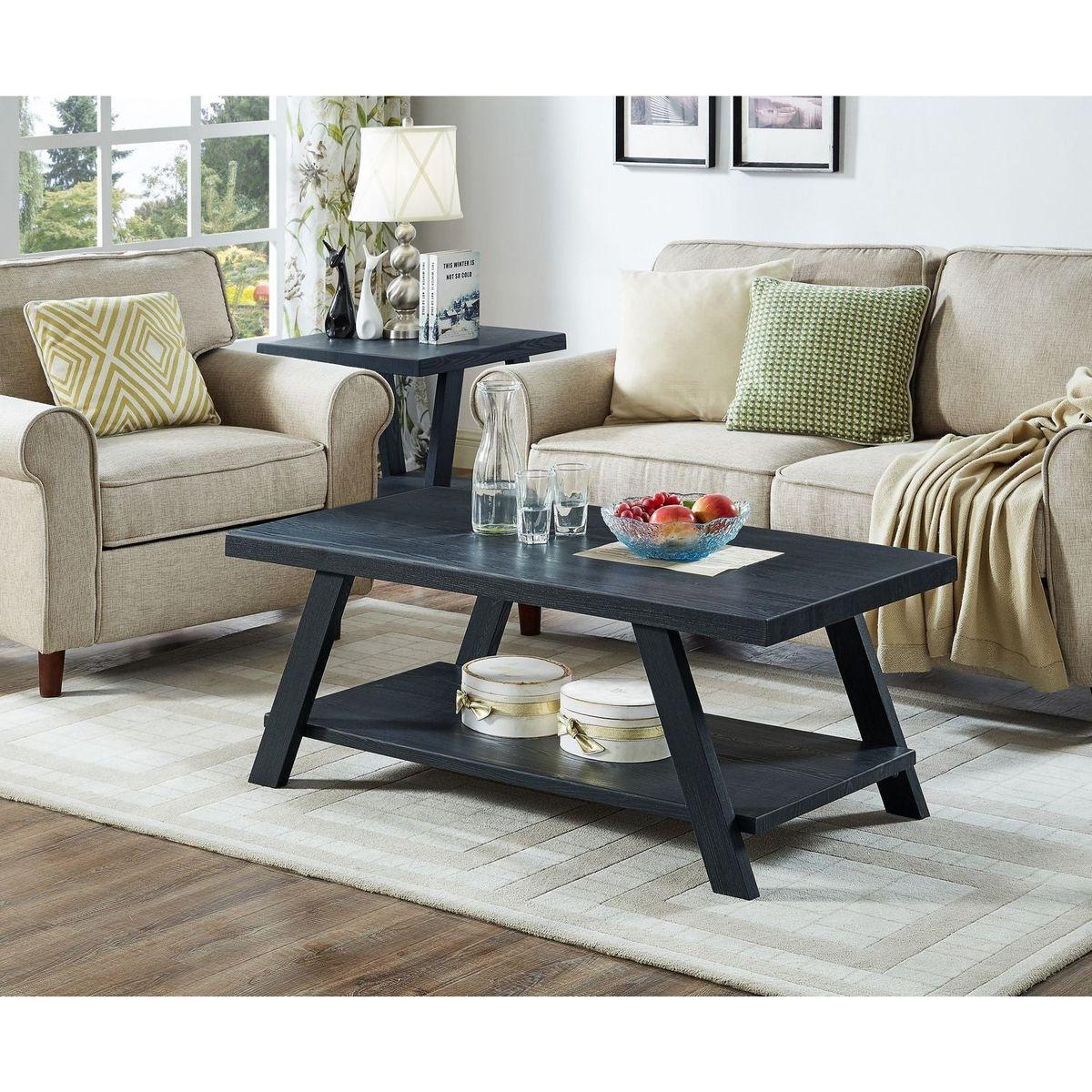 Athens Contemporary Replicated Wood Shelf Coffee Set Table in Black Finish