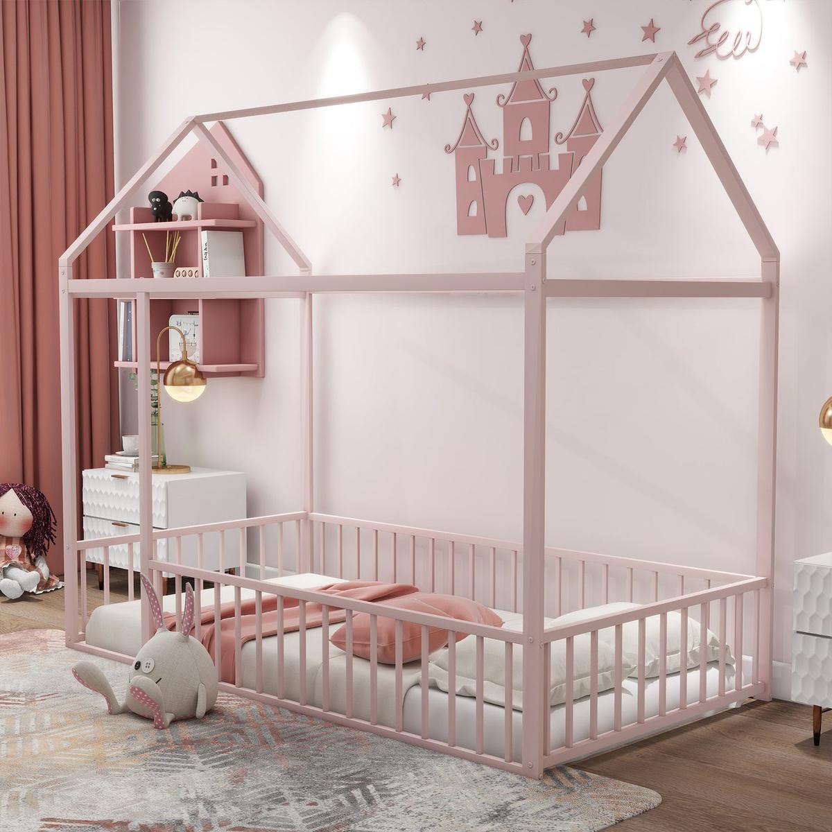 Twin Size Metal Bed House Bed Frame with Fence, for Kids, Teens, Girls, Boys, Pink - Streamdale Furniture