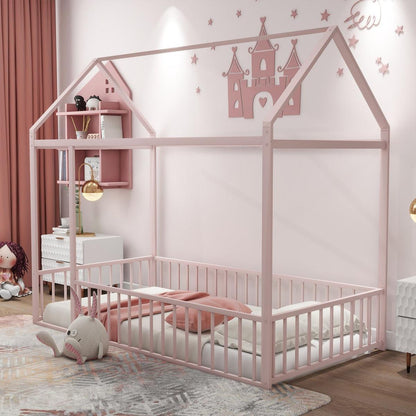 Twin Size Metal Bed House Bed Frame with Fence, for Kids, Teens, Girls, Boys, Pink - Streamdale Furniture