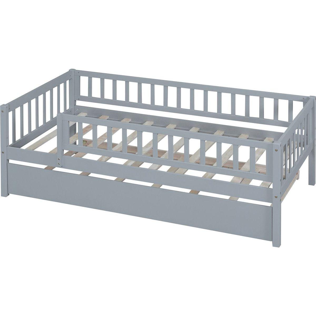 Twin Size Wood Daybed with Trundle and Fence Guardrails, Gray