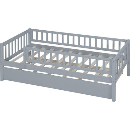 Twin Size Wood Daybed with Trundle and Fence Guardrails, Gray
