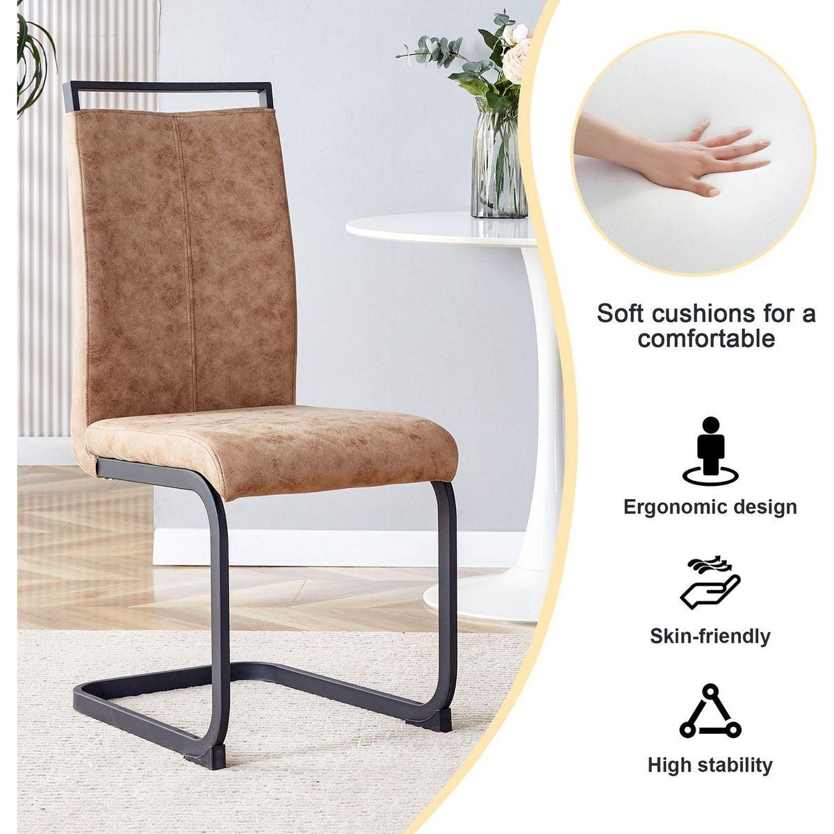 Modern Dining Chairs, Technology cloth High Back Upholstered Side Chair with C-shaped Tube Black Metal Legs for Dining Room Kitchen Vanity  Club Guest Office chair (Set of 4)Brown 1162