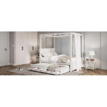 Full Size Upholstery Canopy Platform Bed with Trundle and Three Storage Drawers, Beige - Streamdale Furniture