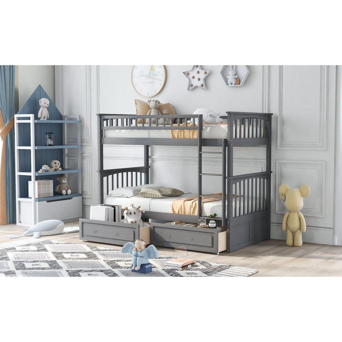 Twin over Twin Bunk Bed with Drawers, Convertible Beds, Gray