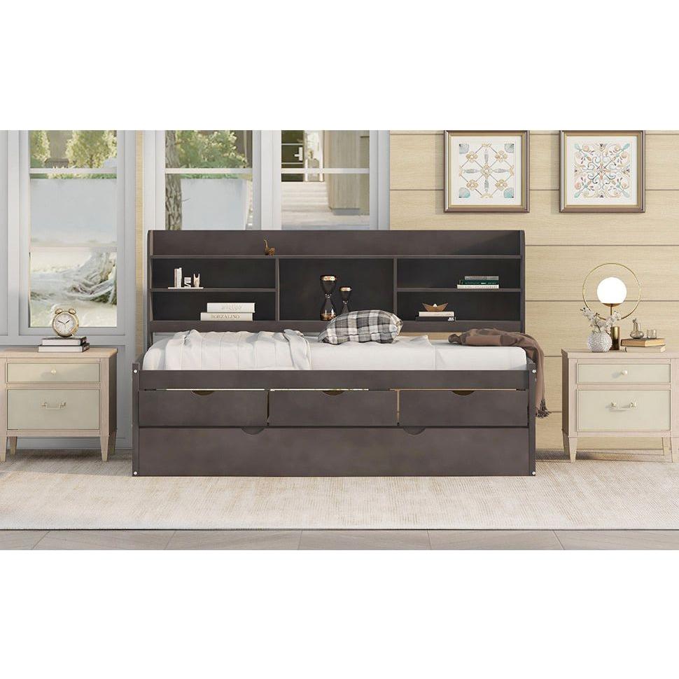 Twin Size Wooden Captain Bed with Built-in Bookshelves,Three Storage Drawers and Trundle,Antique Gray