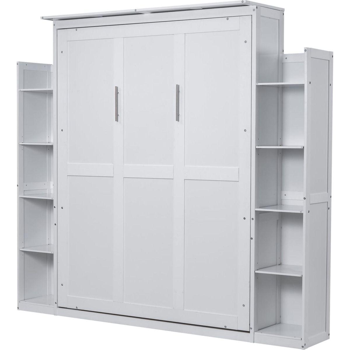 Queen Size Murphy Bed Wall Bed with Shelves and LED Lights,White