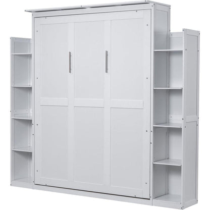 Queen Size Murphy Bed Wall Bed with Shelves and LED Lights,White