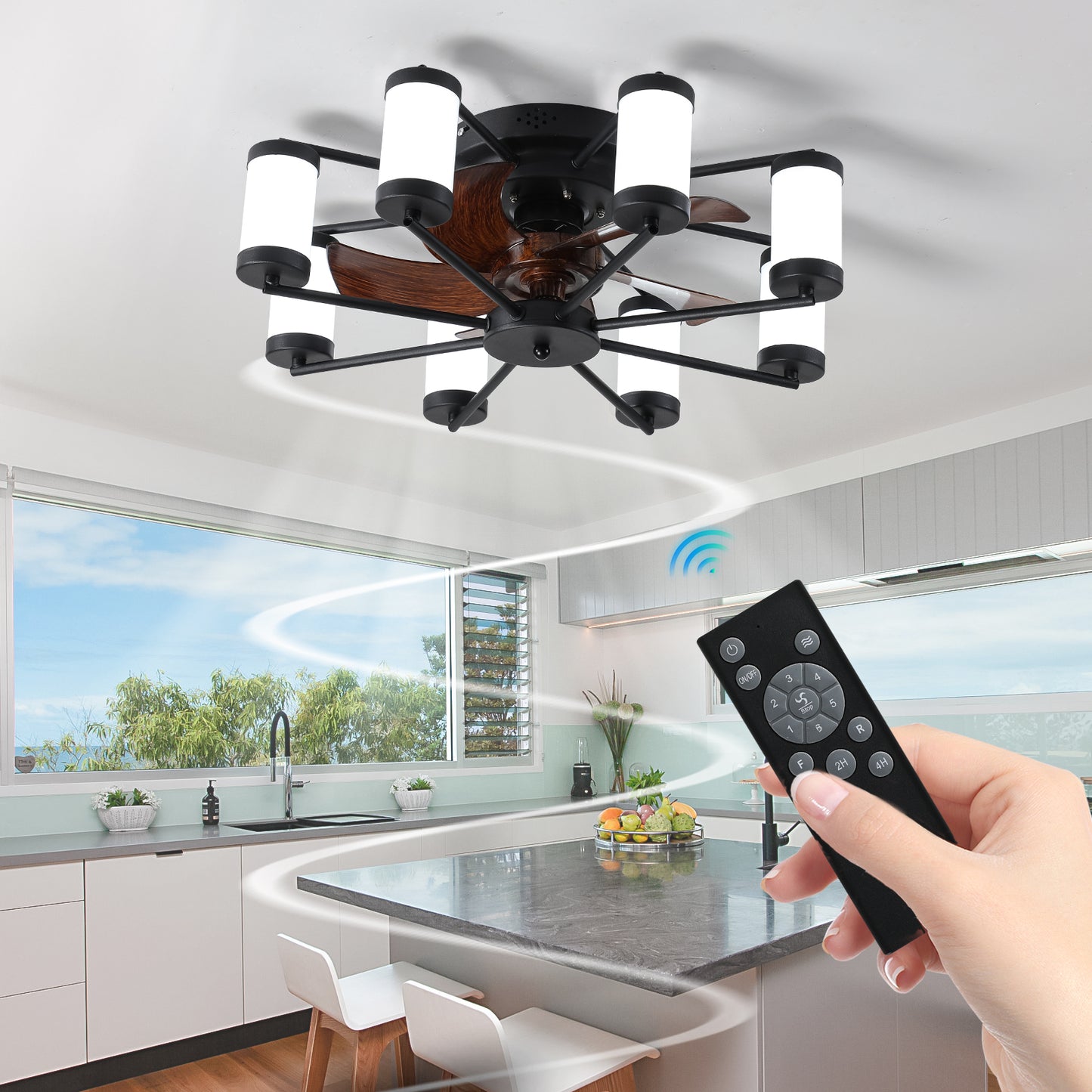 21.7 inch Ceiling Fan Light - Windmill-shaped Flush Mount Ceiling Fan with Light with Remote Control and Timer,Black