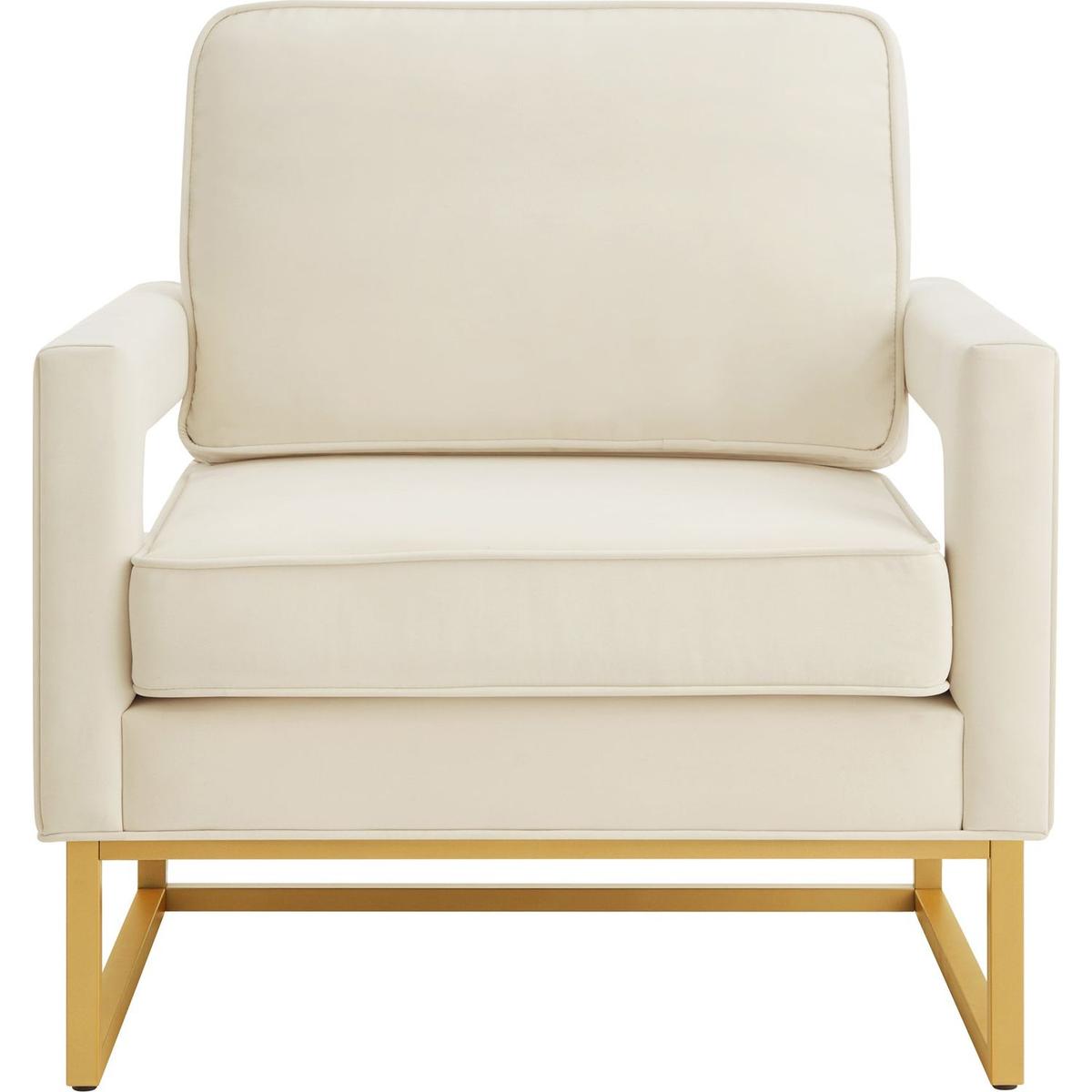 Modern Style Accent Chair with Gold Metal Base, Velvet Upholstered Leisure Chair with Open Armrest, Armchair, Cream