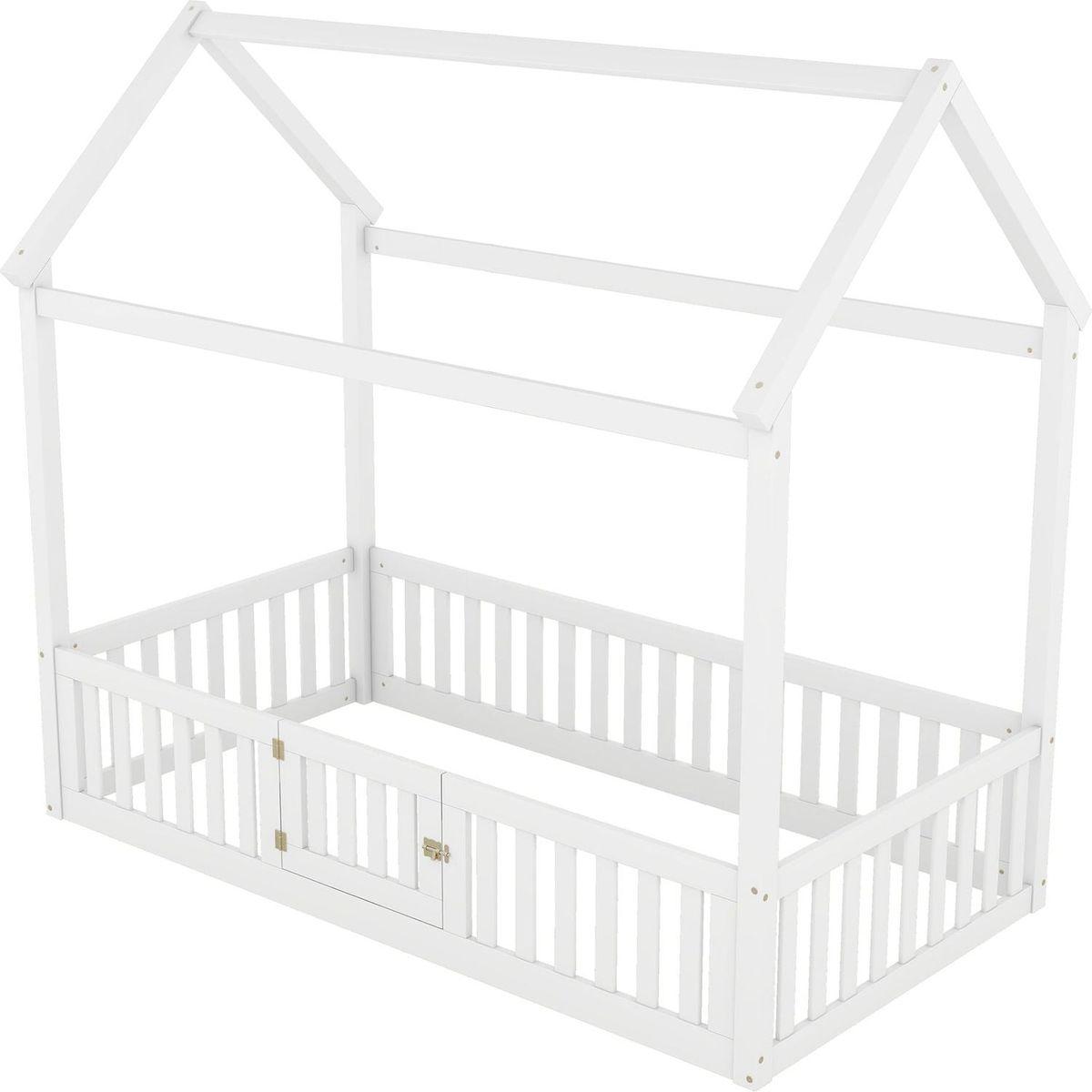 Twin Size Wood House Bed with Fence and Door, White