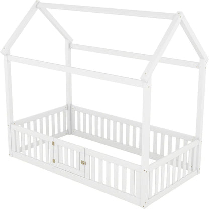Twin Size Wood House Bed with Fence and Door, White