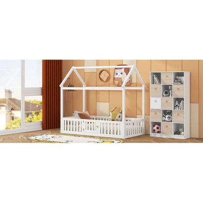 Twin Size Wood House Bed with Fence and Door, White