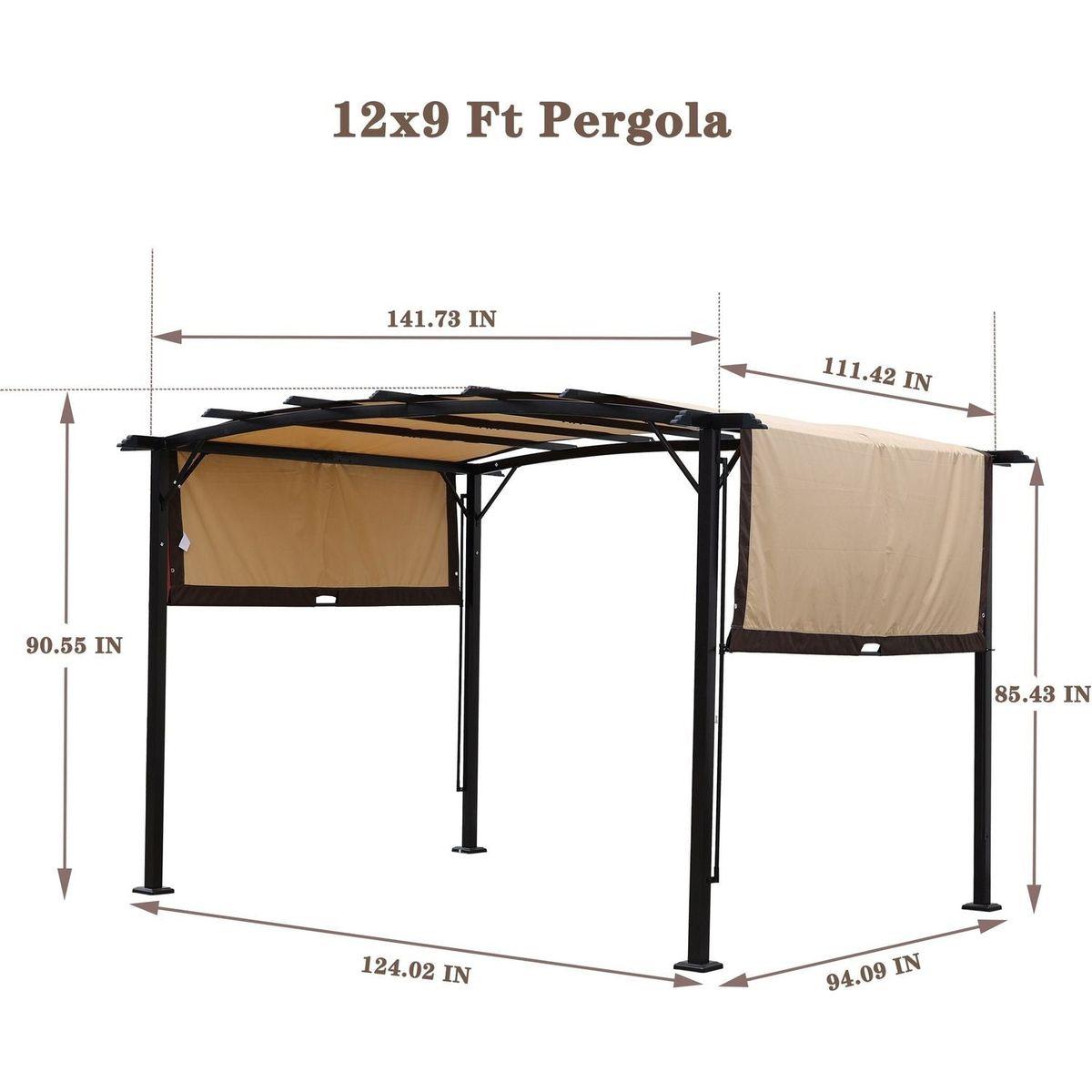 12 x 9 Ft Outdoor Pergola Patio Gazebo,Retractable Shade Canopy,Steel Frame Grape Gazebo,Sunshelter Pergola for Gardens,Terraces,Backyard-Beige