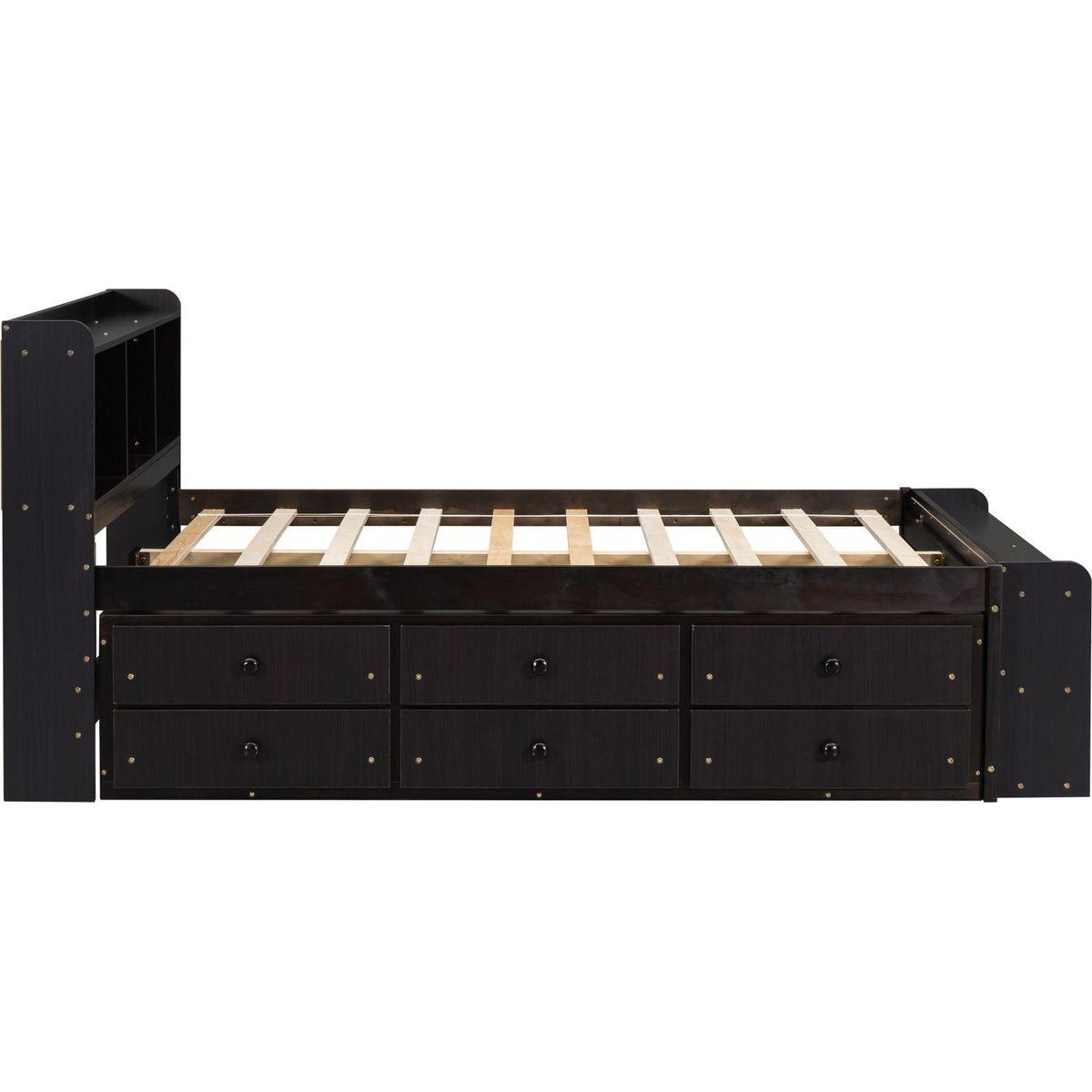 Full Bed with Bookcase Headboard, Under bed Storage Drawers and Bed End Storage Case,Espresso