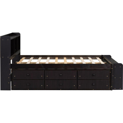 Full Bed with Bookcase Headboard, Under bed Storage Drawers and Bed End Storage Case,Espresso