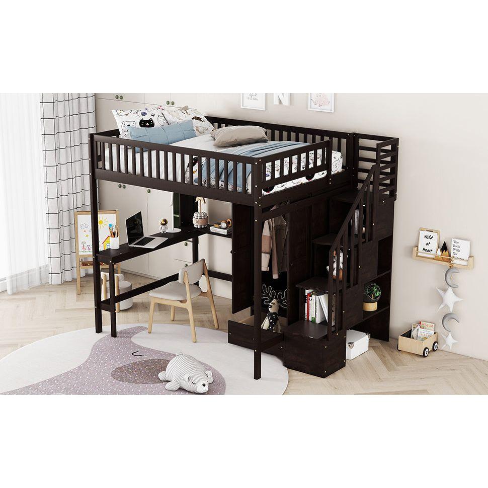 Full size Loft Bed with Bookshelf,Drawers,Desk,and Wardrobe-Espresso