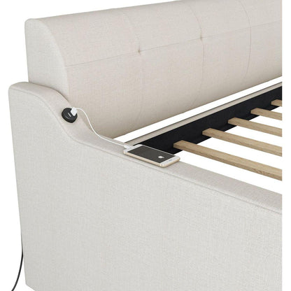 Twin Size Upholstery Daybed with Trundle and USB Charging Design,Trundle can be flat or erected,Beige