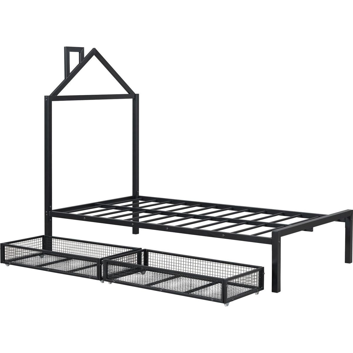 Twin Size Metal Platform Bed with two drawers,House-Shaped Headboard Design, Black