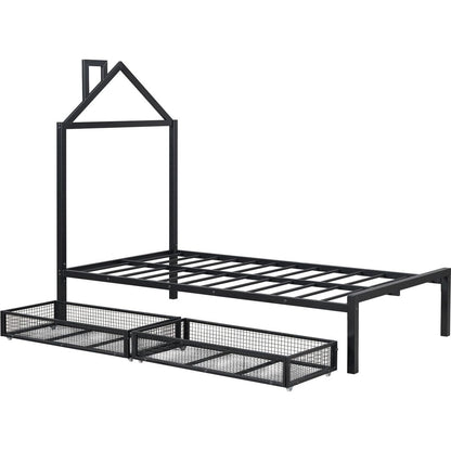 Twin Size Metal Platform Bed with two drawers,House-Shaped Headboard Design, Black