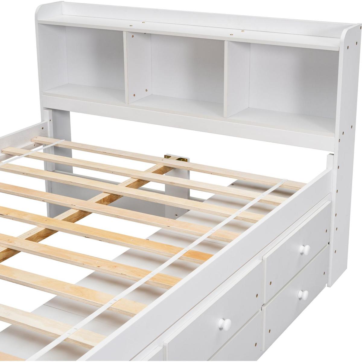 Full Bed with Bookcase Headboard, Under bed Storage Drawers and Bed End Storage Case,White