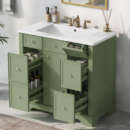 36" Bathroom Vanity with Sink, One Cabinet with Three drawers and One Flip Drawer, Solid Wood and MDF Board, Green