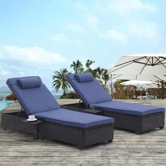 Outdoor Patio Chaise Lounge Chair,Lying in bed with PE Rattan and Steel Frame,PE Wickers,Pool Recliners with Elegant Reclining Adjustable Backrest and Removable Cushions Sets of 2(Black+Navy Blue)